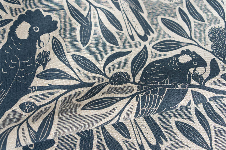 hand screen printed linen yardage – black-cockatoo design – australian made