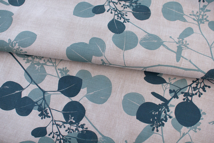 hand screen printed linen yardage – silver-dollar-gum design – australian made