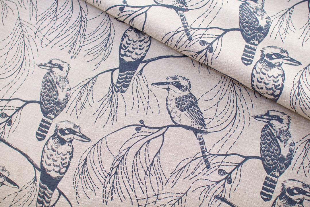 hand screen printed linen yardage – kookaburra design – australian made