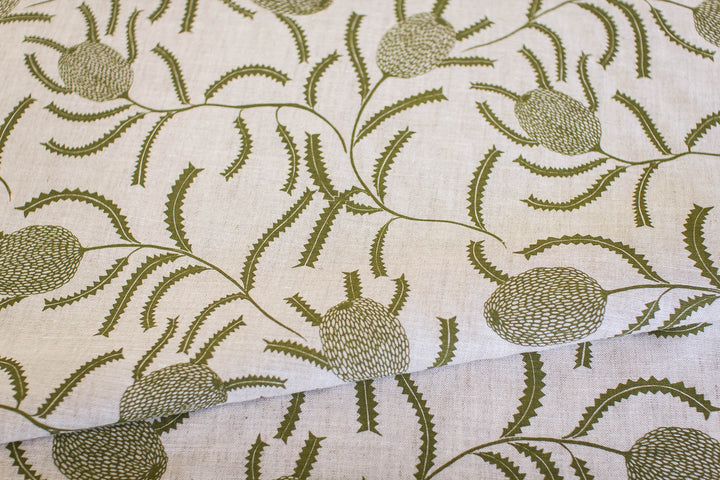 hand screen printed linen yardage – sawtooth-banksia design – australian made