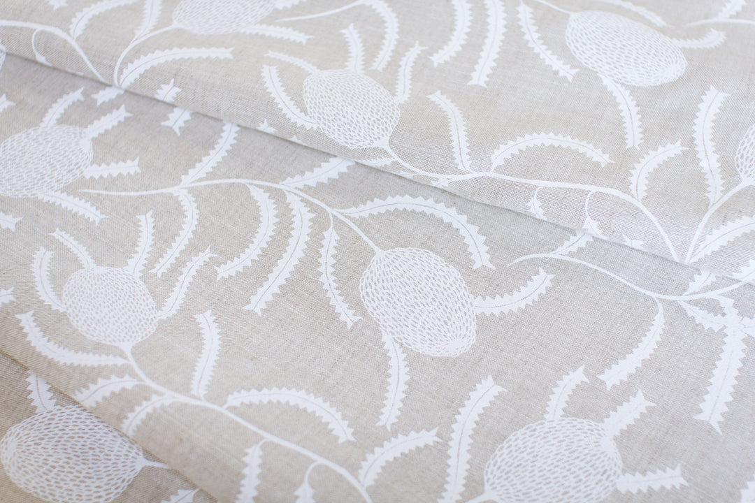 hand screen printed linen yardage – sawtooth-banksia design – australian made