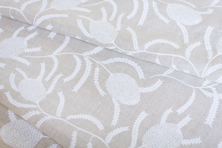 hand screen printed linen yardage – sawtooth-banksia design – australian made