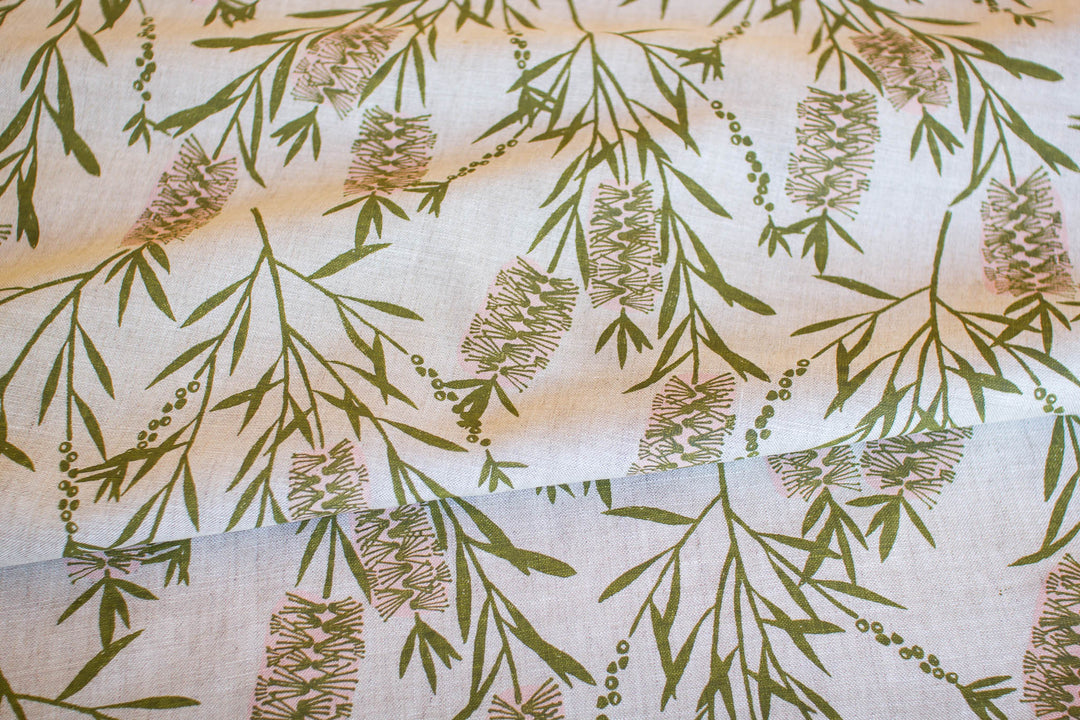 hand screen printed linen yardage – bottlebrush design – australian made