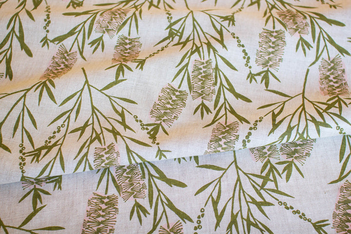 hand screen printed linen yardage – bottlebrush design – australian made