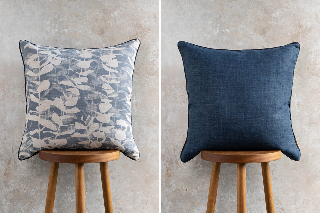 hand screen printed linen square cushion – eucalyptus design – australian made
