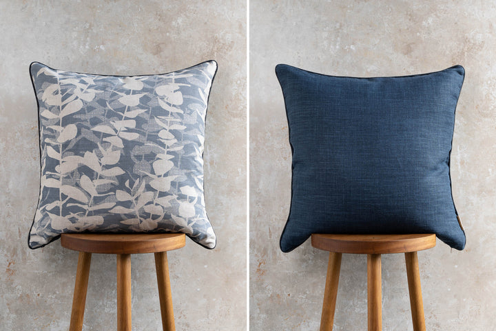 hand screen printed linen square cushion – eucalyptus design – australian made